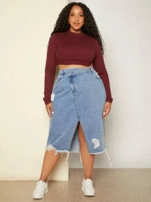 SHEIN CURVE+ 大碼破洞毛邊緣高衩牛仔半身裙 - 藍色 - 查看 1