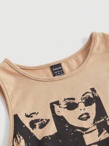 SHEIN MOD 人像圖案短款背心 - 杏色 - 查看 3