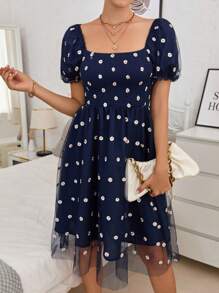 SHEIN Frenchy 印花網紗覆蓋洋裝 - 藏蓝色 - 查看 3