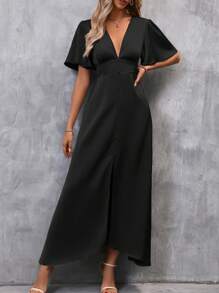 SHEIN Clasi 深 V 领蝴蝶袖开叉大腿缎面连衣裙长款女装 - 黑色 - 查看 5