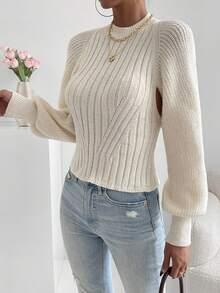 Allurite Chất rắn Ca-vát Backless Tay áo Đèn lồng Áo len - Màu be - Xem 6