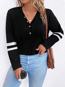 SHEIN LUNE 条纹印花半纽扣 T 恤图案 T 恤女式上衣 - 黑色 - 查看 7