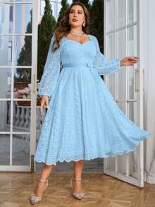 Simplee Đầm chữ A ren cổ điển thanh lịch dành cho nữ cỡ lớn, tay dài, thắt eo, thích hợp cho đám cưới, tiệc tùng, sinh nhật, mùa xuân. - Màu xanh lam - Xem 5