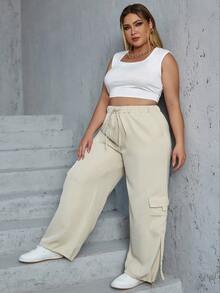 Eilly Bazar Plus Size Flap Pocket Side Drawstring Waist Cargo Pants Spring - Beige - View 5