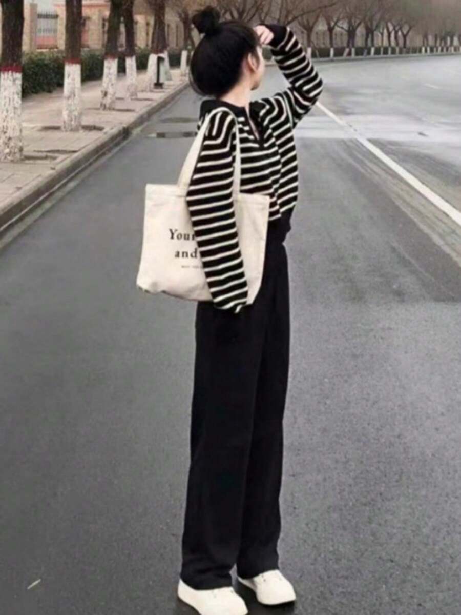 素色條紋圖案落肩袖套頭毛衣 - 黑與白 - 查看 1