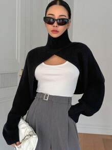 DAZY 1pc Solid Crop Wrap Sweater - Black - View 3