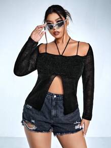 SHEIN ICON Plus Split Hem Halter Neck Asymmetrical Hem Crop Sweater