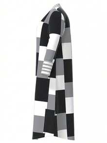 Plaid Print Open Front Longline Coat - Black and White - View 3