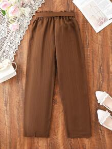 SHEIN Tween Girl Paperbag Waist Belted Wide Leg Pants