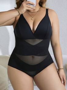 Plus Contrast Mesh Shapewear Bodysuit - Black - View 3