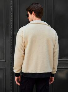 RueChic Men Contrast Panel Drop Shoulder Zipper Teddy Jacket - Multicolor - View 2