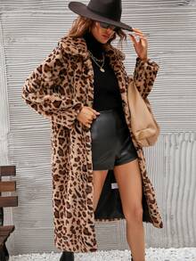 Women Lightweight Leopard Print Fleece Spring Jacket - Coffee Brown - View 6