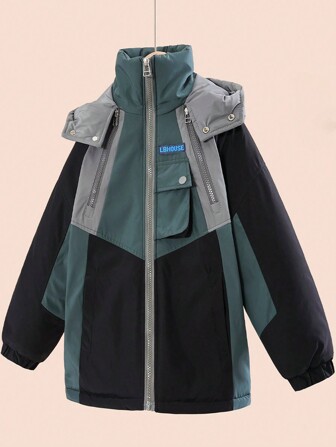 Tween Boy Colorblock Letter Patched Zipper Hooded Padded Coat