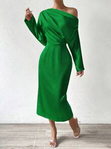 SHEIN Unity Cổ không đối xứng tay cánh Đầm - màu xanh lá - Xem 3