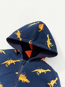 Cozy Pixies Baby Boy Dinosaur Print 3D Design Hooded Thermal Lined Coat - Navy Blue - View 8