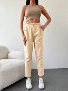 Cottnline Paperbag Waist Mom Fit Jeans - Màu be - Xem 5