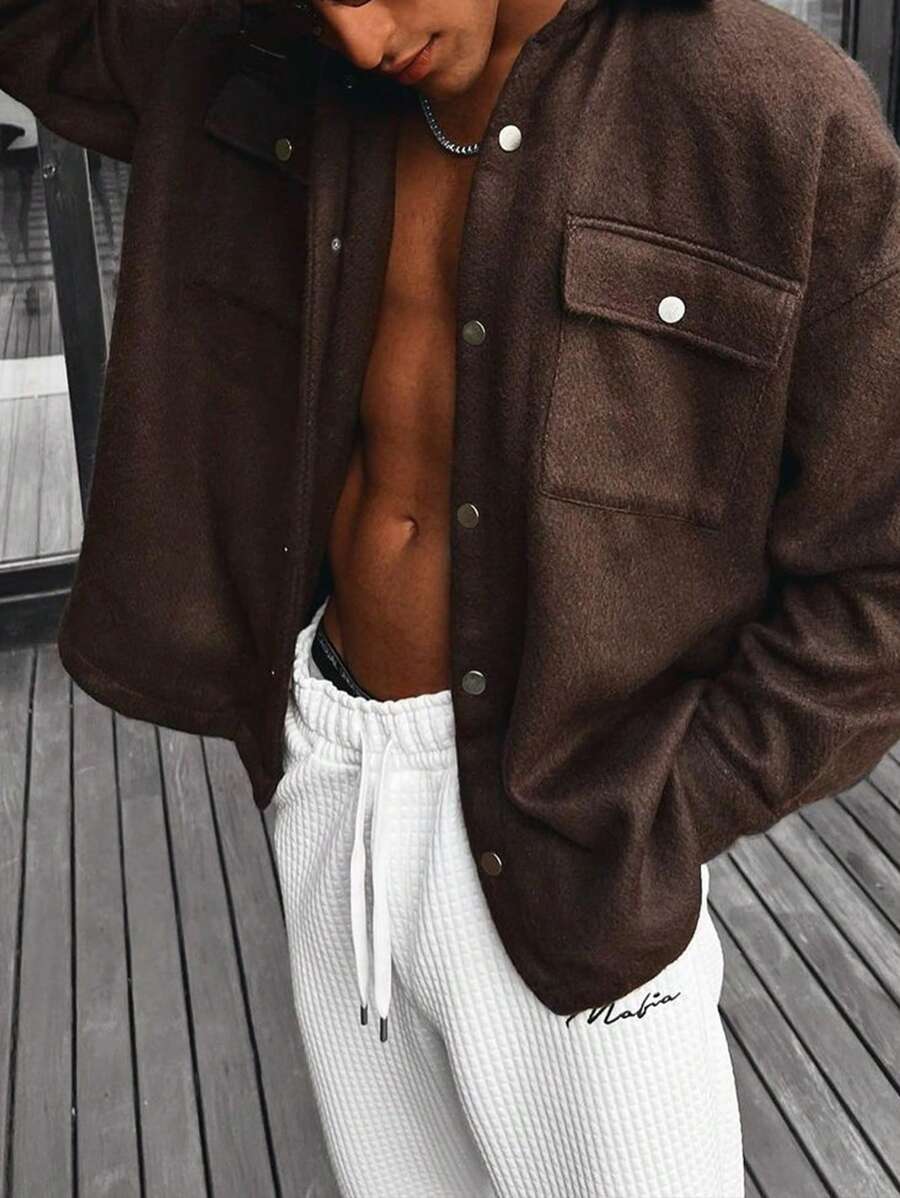 Manfinity Homme Nam Chất rắn Túi có nắp Thả vai Áo khoác kiểu sơ mi - màu nâu - Xem 1