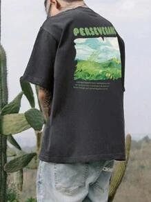 Hombres Camiseta de hombros caídos con estampado de slogan - Gris Oscuro - Ver 2