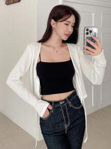 DAZY 纯色前结短款上衣 长袖 女式上衣 - 白色 - 查看 4