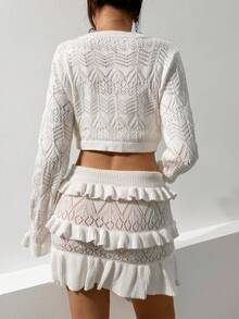 SHEIN Qutie Chất rắn Áo len Crop & Viền Ruffle Váy dệt kim - trắng - Xem 2