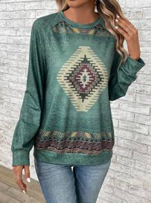 EMERY ROSE Sudadera con estampado geométrico de manga raglán - Verde militar - Ver 4