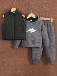 SHEIN Kapuzenpullover, gefütterte Weste und Jogginghose mit Dinosaurier-Print für Kleine Jungen - Verschiedenfarbig - Übersicht 5