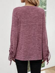 SHEIN LUNE 抽繩抽褶袖V領T恤 - 酒紅色 - 查看 2