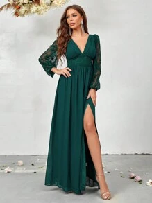 SHEIN Belle Contrast Lace Lantern Sleeve Split Thigh Chiffon Formal Dress - Green - View 6