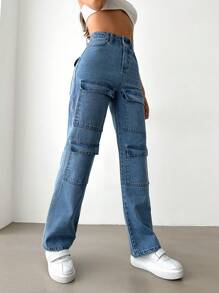 SHEIN Cottnline High Waist Flap Pocket Straight Leg Jeans - Medium Wash - View 5
