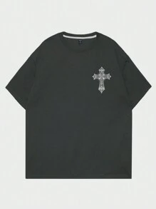 ROMWE MEN Goth Men Wings & Cross Print Tee - Dark Grey - View 2