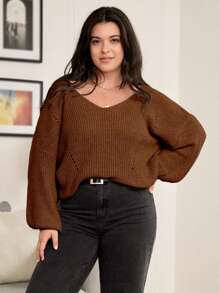 Calvaya Plus Drop Shoulder Eyelet Detail Sweater Knit Pullover Fall Winter Autumn Sweater - Coffee Brown - View 3