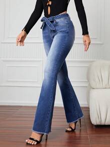 SHEIN LUNE Cao eo Thắt lưng Quần ống loe - Màu xanh lam - Xem 4