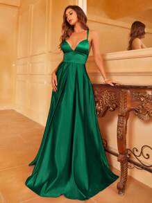 Faeriesty Váy phù dâu thanh lịch bằng vải satin trơn - Màu xanh lá cây đậm - Xem 3