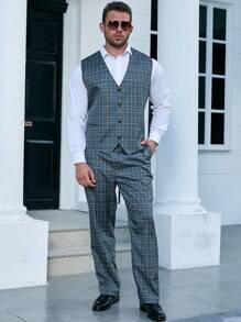 Calvornis 男士大码1入組格紋馬甲