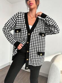 EURMUSE Women's Houndstooth Long Sleeve Metal Single-Breasted Casual Loose Knit Cardigan, Autumn/Winter - Black and White - View 4