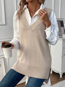 SHEIN LUNE 1 pieza Chaleco de punto bajo con abertura - Albaricoque - Ver 6