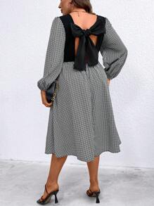 SHEIN Privé 大碼千鳥格印花後綁帶燈籠袖洋裝 - 黑色 - 查看 3