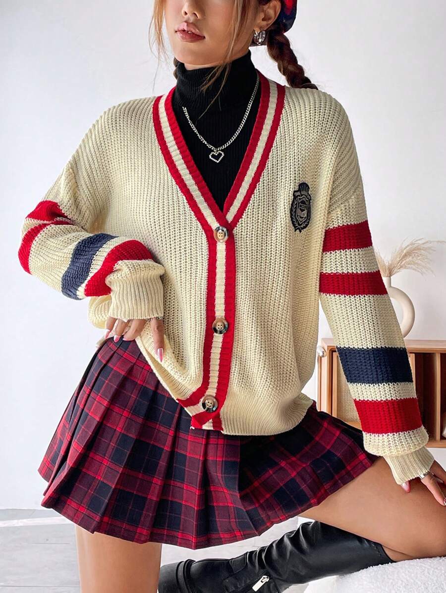 SHEIN Qutie Mẫu sọc Chi tiết vá Thả vai Áo len Mở - Màu be - Xem 1