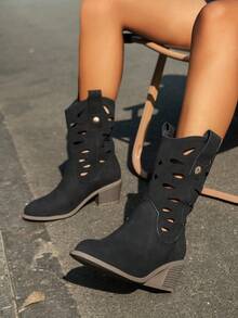 Styleloop 女性時尚西部風格切設計粗跟美式短靴帶側拉鍊 - 黑色 - 查看 3