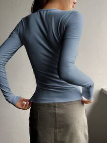 DAZY Half Button Ribbed Knit Tee,Fall Women Clothes