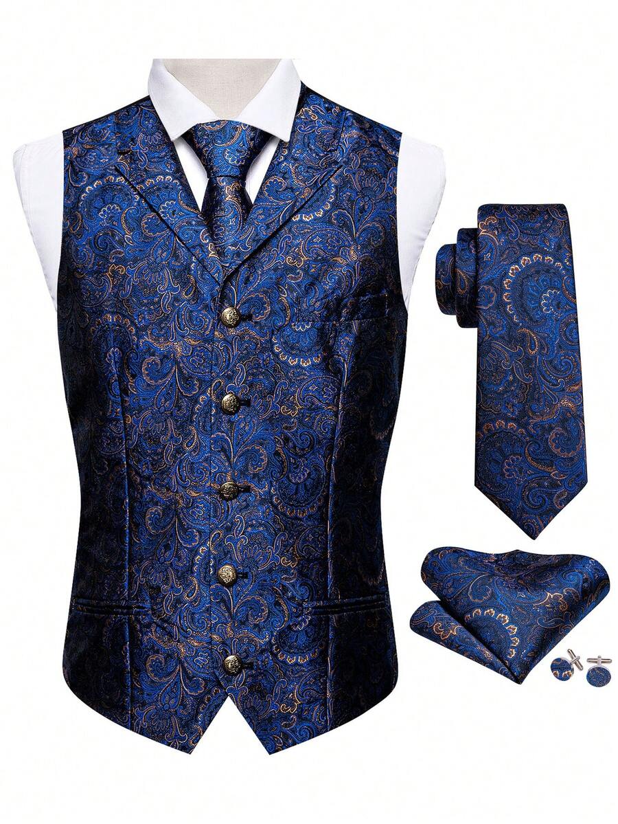 Men Plus Baroque Print Waistcoat - Blue - View 1