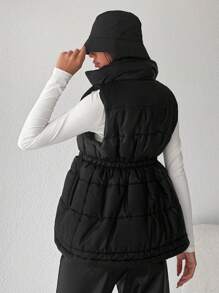 EURMUSE Push Buckle Front Snap Button Up Puffer Vest Coat - Black - View 2