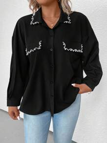 SHEIN Clasi Plus Pearls Beaded Drop Shoulder Shirt - Black - View 4