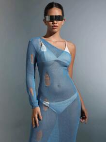 SHEIN Unity One Shoulder Cut Out Sweater Dress Without Lingerie Set Fall Cloth For Women - Baby Blue - View 6