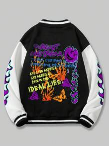 ROMWE MEN Street Life Các bạn Slogan & In Lửa Hai âm Áo khoác Đại học - Đen và trắng - Xem 3