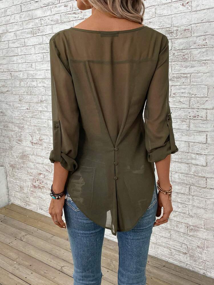 Notched Neckline Button Detail Blouse