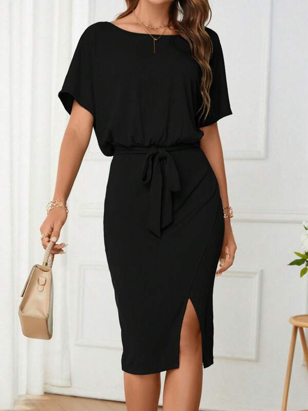 SHEIN Clasi Solid Batwing Sleeve Split Thigh Belted Dress