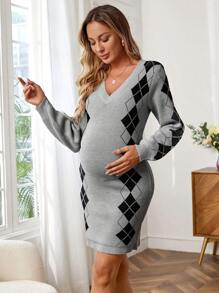 SHEIN Maternity Argyle Pattern Bodycon Sweater Dress Without Belt, For Winter