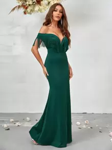 SHEIN Belle 一字肩流蘇邊洋裝 - 綠色 - 查看 5