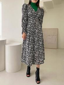 DAZY Ditsy Floral Puff Sleeve Dress,Fall Clothes Long Sleeve Dress Vacation Outfits Women Boho - Black - View 10
